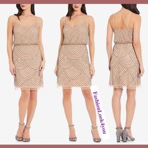NWT Adrianna Papell Sequin Mesh Blouson Dress Taupe/Pink [ SZ 0 12‎ ]
